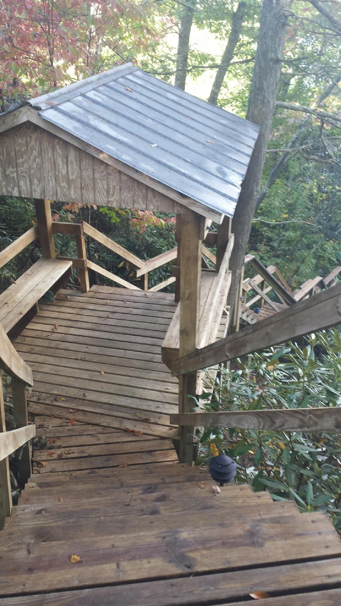 Metal roofed shelter over wooden steps on a wooded walkway — Skylight Repair & Installation work by our crew in Callensburg